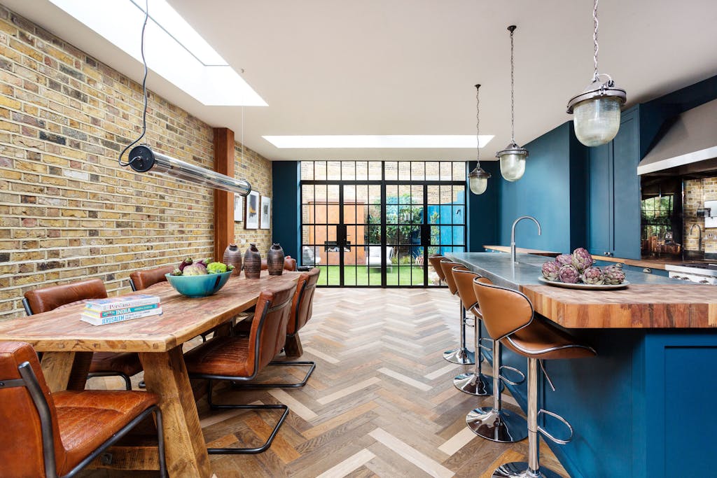 industrial chic open plan kitchen dining in West London designed and built by Zulufish